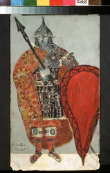 Projekt kostiumów do opery Książę Igor Aleksandra Borodina (1833-1887). Praca Mikołaja Roericha (1874-1947), ołówek, gwasz i złoto na papierze