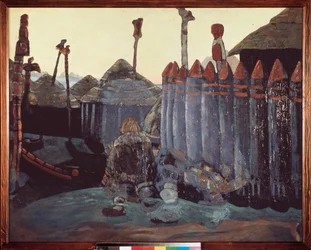 Kopiec pogański. (Średniowiecze, Ukraina). Praca Nicolasa (Mikołaja) Roericha (1874-1947), tempera na tekturze