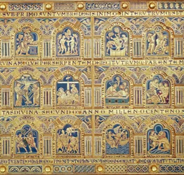 Ołtarz z Verdun, detal dekoracyjnych paneli przedstawiających sceny biblijne, emalia szamotowa z 1181 r.