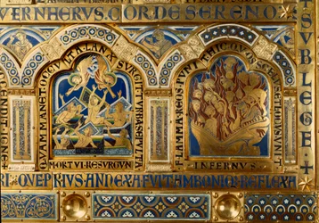 Ołtarz Verdun wykonany w złocie i enamaille przez Nicolasa de Verdun (ok.1130/50-1205): sceny ze Starego i Nowego Testamentu: szczegół przedstawiający zmarłych opuszczających swój grób w Dzień Sądu Ostatecznego i potępienie płonące w płomieniach z piekła. 