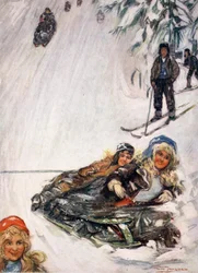 Dziewczyny na przewróconych saniach, Holmencollen, 1905