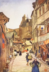 A Street, Mont St Michel (kolorowa litografia)