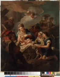 „Adoracja Dzieciątka Jezus” (Adoracja Dzieciątka Jezus) Obraz Nicola Grassi (1682-1748) XVIII-wieczne Muzeum Sztuk Pięknych Mikalojus Konstantinas Ciurlionis, Kowno, Litwa