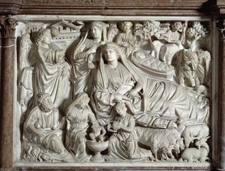 Ambona ze Zwiastowaniem i Narodzeniem, wykonana przez Nicolę Pisano (1215/20-1278/84), marmurowa ambona, 1260, baptysterium San Giovanni w Pizie, Włochy