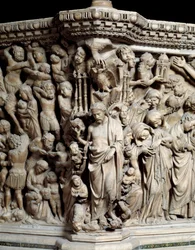 Sztuka gotycka: Jezus miażdży występki, fragment płaskorzeźby Ambony