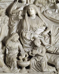 La nativite (szopka) Detal Krzesło zrealizowane przez Nicola Pisano (1215 / 20-1278 / 84) (marmurowa ambona) 1260 Baptistere Saint John z Pisa (Battistero san Giovanni di Pisa), Włochy