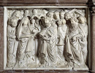 Ofiarowanie Jezusa w świątyni, autorstwa Nicoli Pisano (1215/20-1278/84), 1260, baptysterium św. Jana w Pizie, Włochy