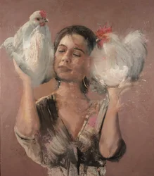 Dziewczyna z kogutami, 2018 (olej na płótnie)