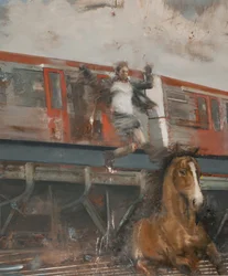 Skok z pociągu, 2017 (olej na płótnie)