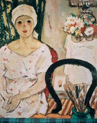 Kobieta we wnętrzu, reż. Nicolae Tonitza (1886-1940), olej na tekturze. Rumunia, XX wiek.