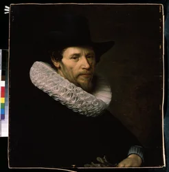 ""Portret mężczyzny w czarnym kapeluszu" To znany holenderski, ubrany w kryzę i kapelusz. Obraz Mikołaja Eliasza (1591-1655) Muzeum Sztuki Michaiła Kroszyckiego z XVII wieku, Sewastopol (Sewastopol) Ukr