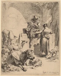 Pasterz siedzący na fontannie i prządce, 1652.