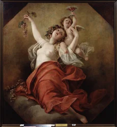 Bachantka (Bachantka). Kobieta z nagim torsem trzyma kiście winogron z aniołem niosącym kubek czerwonego wina. Obraz Nicolai Apollonovich Malkov (1794-1873), olej na płótnie