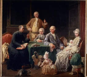 „Portret rodziny Leroyów”” Scena rodzinna skupiająca księdza, matkę z dziećmi. Obraz Nicolas Bernard (1735-1784) 1766-1767 wym.136x147 cm Muzeum Puszkina, Moskwa