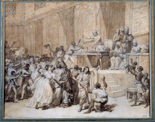 Rewolucja francuska: Konwent Narodowy ogłasza w Paryżu 4/02/1794 (16 pluviôse roku II) zniesienie niewolnictwa w koloniach. Rysunek tuszem. Wymiary: 0,26 x 0,33 m. Paryż, Musée Carnavalet