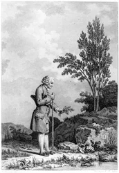 Jean-Jacques Rousseau (1712-78) Zbieranie ziół w Ermenonville, czerwiec 1778, grawerowane przez Louis Michel Halbou (ur. 1730)