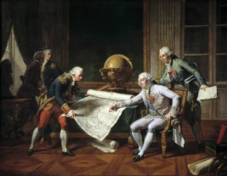 Ludwik XVI (1754-1793), król Francji, udziela instrukcji Jean-Francois Galaup, hrabiemu La Perouse (Jean Francois Laperouse