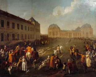 Hallali z jelenia w Wielkiej Stajni Chantilly (13 września 1776). Obraz Anne Nicolas Dubois (1759 -? )
