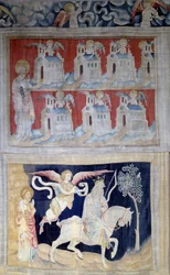 Powieszenie Objawienia (1373-1383), nr. 28: Saint John a Patmos i siedem kościołów Azji i poniżej Pierwsza pieczęć: Zwycięzca na białym koniu. Gobelin autorstwa Nicolasa Bataille