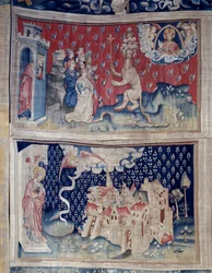 Powieszenie Objawienia (1373-1383), nr. 42: Adoracja Bete (?). N. 49: upadek Babilonu. Gobelin autorstwa Nicolasa Bataille