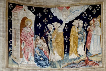 Powieszenie Objawienia (1373-1383), nr. 28: cud. Fidele, słudzy Boga i prorocy, patrzą na rzekę zamienioną w krew. Gobelin autorstwa Nicolasa Bataille