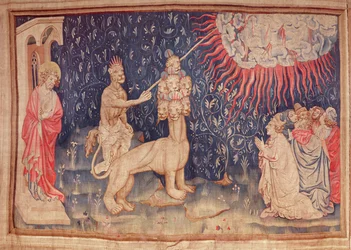 Bestia z Ziemi sprawia, że ogień spada z nieba, z Apokalipsy Gobelinu gniewu, 1373-87 (gobelin)
