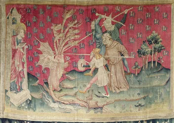 Smok walczący ze sługami Bożymi, nr. 39 z „Apokalipsy gniewu”, 1373-87 (gobelin)