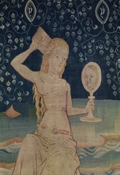 Nierządnica babilońska, numer 64 z Apokalipsy z Angers, 1373-1387, detal gobelinu z 181983