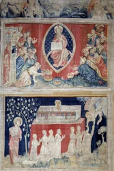 Zasłona Objawienia (1373-1383), nr. 5: starcy padają na twarz przed Chrystusem w majestacie (Jezus Chrystus w chwale jest przedstawiony w mandorli). N. 11: dusze męczenników. Gobelin autorstwa Nicolasa Bataille