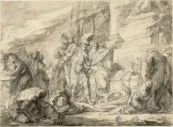 Eneasz przy Grobie Anchisesa (po prawej); Eneasz w Tomie Anchises (werset)