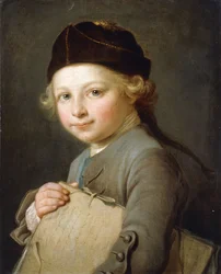 Portret młodego chłopca, do połowy długości, w szarym płaszczu i czapce,