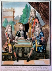 Wnuki Ludwika XIV (1638-1715): Ludwik, książę Burgundii (zm. 1712), Filip, książę Andegawenii (1683-1746), i Karol, książę Berry, wraz z ojcem, Ludwikiem (zm. 1711), delfinem Francji, grający w trictrac (Trictrac lub Trictrac: przodek backgammona)