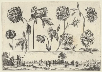 Panel poziomy z rzędem kwiatów nad fryzem z postaciami w krajobrazie, z Li..., 1645.