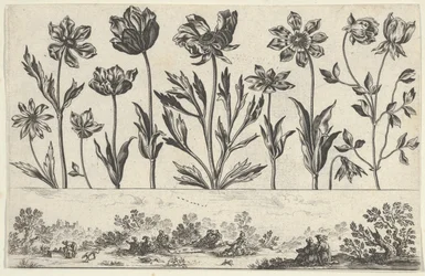 Panel poziomy z rzędem kwiatów nad fryzem z postaciami w krajobrazie, z Li..., 1645.