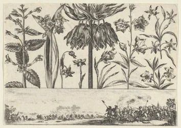 Panel poziomy z rzędem kwiatów nad fryzem ze sceną bitewną w pejzażu, ..., 1645.