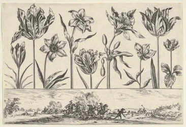 Pozioma tablica z rzędem kwiatów nad fryzem ze sceną bitewną w pejzażu, ..., 1645.