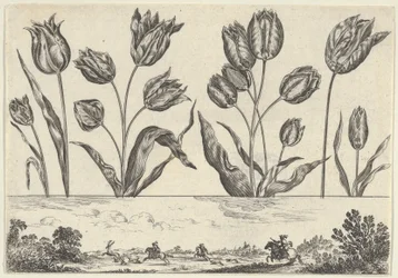 Panel poziomy z rzędem kwiatów nad fryzem ze sceną polowania w pejzażu,..., 1645.