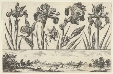 Panel poziomy z rzędem kwiatów nad fryzem ze sceną polowania w krajobrazie,..., 1645.
