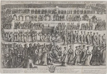 Procesja urny św. Genowefy, w sześciu rzędach maszerują duchowni i świeccy..., 1652.