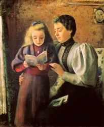 ""Pomoc do czytania"" Szczegóły. Obraz Nicolasa Esparza Pereza (1873-1928). Grudzień 1880 Pampeluna. Muzeum Nawarry.