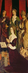 Tryptyk Mojżesz i gorejący krzew, prawy panel przedstawiający Joannę de Laval (zm. 1498) ze św. Janem, św. Katarzyną i św. Mikołajem, ok. 1476 (patrz także 26542, 173010 i 232840)