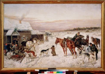 Przed pubem zimą - Obraz Nikołaja Jegorowicza Sverchkova (Nicolas Swertschkoff) (1817-1898), olej na płótnie