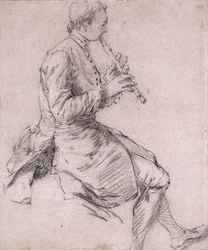 Siedzący mężczyzna grający na flecie, z profilu po prawej, ok. 1720 r.