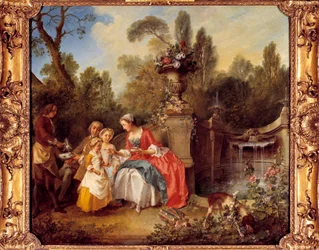 Kobieta w ogrodzie pijąca kawę z dziećmi lub filiżankę czekolady Obraz Nicolas Lancret (1690-1743)