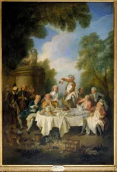 The Ham Scene Lunch wiejskiego bankietu wokół szynki u szlachty. Obraz Nicolasa Lancreta (1690-1743) 1735. Słońce 1,8x1,2 m Chantilly, muzeum Conde