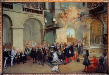 Przekazanie Orderu Ducha Świętego (Order Ducha Świętego) w kaplicy Wersalskiej 3.06.2017 Obraz Nicolasa Lancreta (1690-1743) 1724 nd. 0,56x0,81 m²