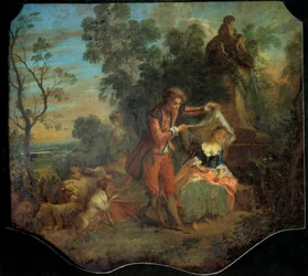 Niedyskretny pasterz Scena bukoliczna przedstawiająca młodego pasterza podnoszącego zasłonę, pod którą śpi młody pasterz. Obraz Nicolasa Lancreta (1690-1743). XVIII w. niedz. 0,84 x 0,95 m. Wycieczki, Muzeum Sztuk Pięknych