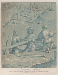 Wynalezienie krzyża, trzech mężczyzn podnoszących krzyż z rowu, z „Recueil…”, ca. 1729-64.