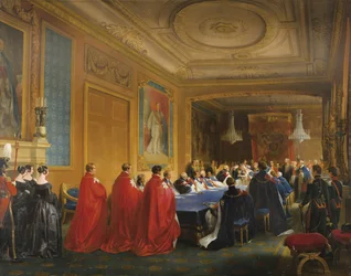 Ludwik Filip (1773-1850) odbierający Order Podwiązki z rąk królowej Wiktorii w 1844 r. - Ludwik Filip odbierający Order Podwiązki z rąk młodej królowej Wiktorii par Nicolas Louis Francois (Nicolas-Louis-Francois) Dzieciak (1787-