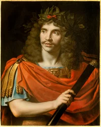 Portret francuskiego komika i dramaturga Jeana-Baptiste Poquelina dit Moliere (1622-1673) w Cesarze w La mort de Pompee””” Corneille”” Obraz Nicolasa Mignarda (1606-1668). ok. 1657 Słońce. 0,75x0,6m. Komedia francuska Paryż - Portret F